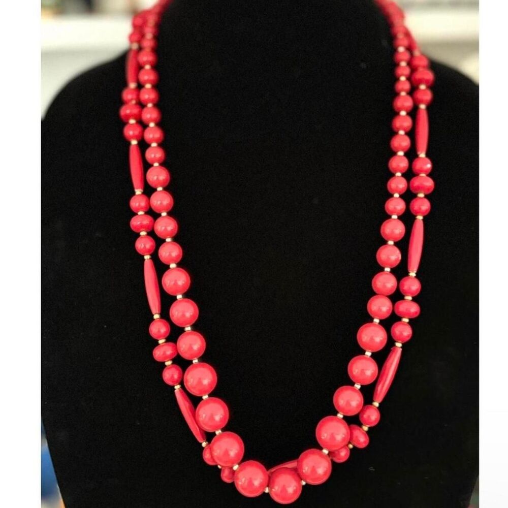Vintage Red & Gold Tone Beaded Necklace (Bundle of 2)
